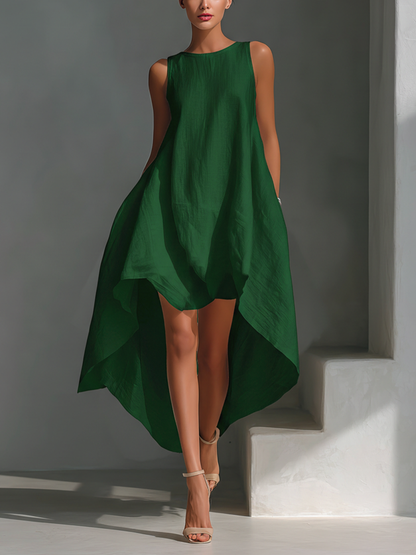 Robe Midi Sans Manches en Lin Blanc pour Femme avec Col Ronde et Ourlet Asymétrique