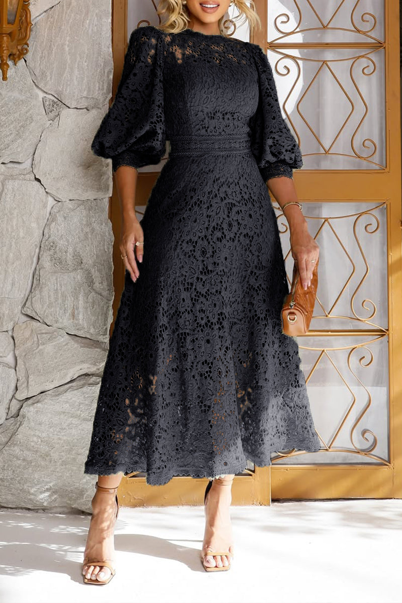 Robe Midi en Dentelle avec Manches Lanternes