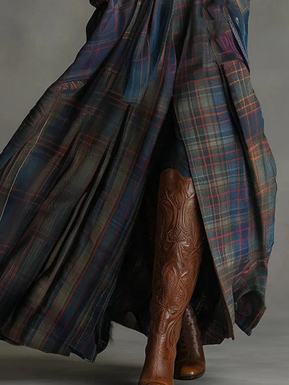 Maxi-robe de style rétro avec motif à carreaux en daim bleu (ceinture incluse)