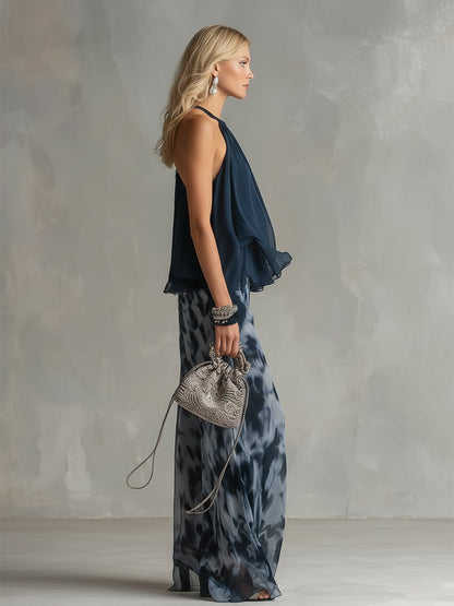 Ludovica | Top Halter Élégant Bleu Marine et Pantalons Amples Imprimés
