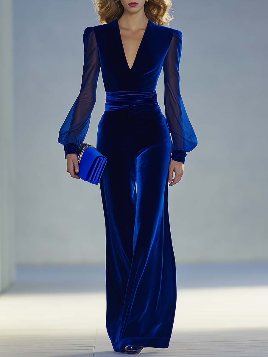 Ensemble Élégant en Velours Bleu Roi avec Décolleté en V et Détails en Mesh