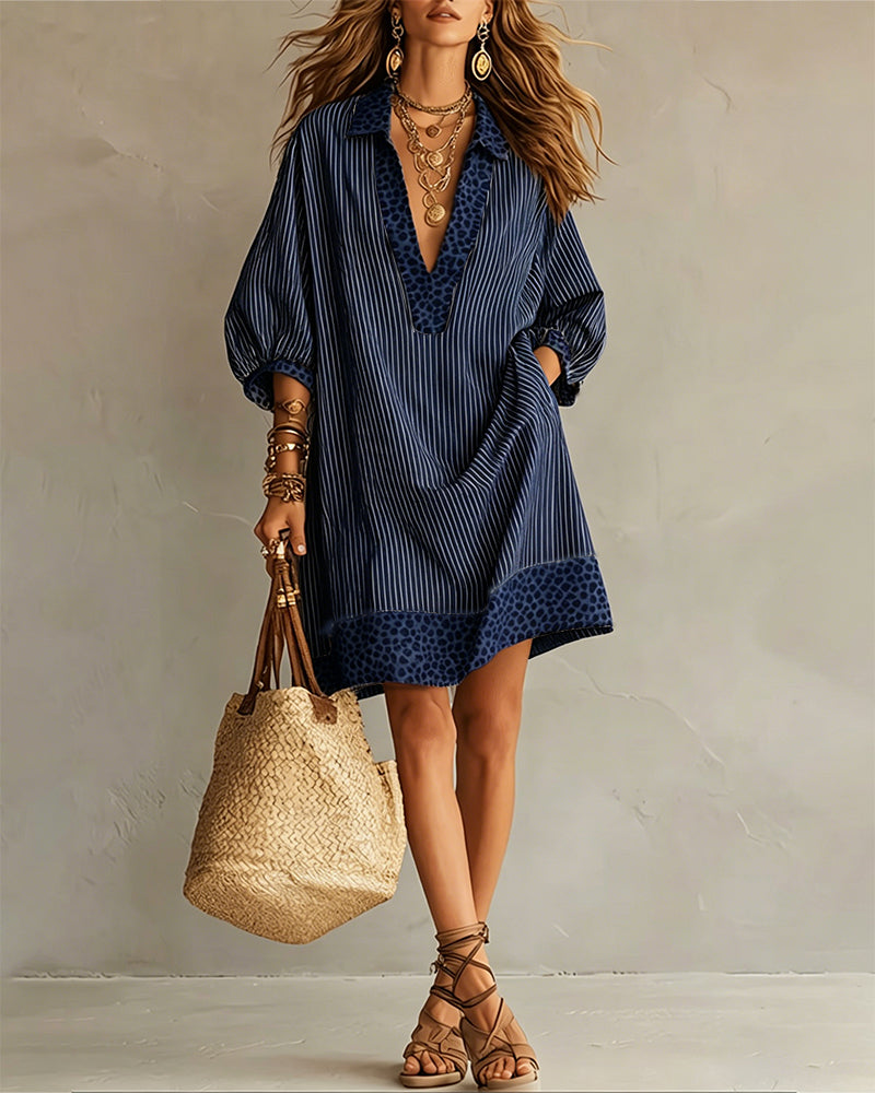 Robe Léopard à Manches Bouffantes avec Rayures