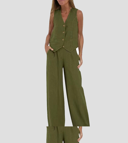 Jessica - Ensemble de Gilet Boutonné & Pantalons à Jambes Larges