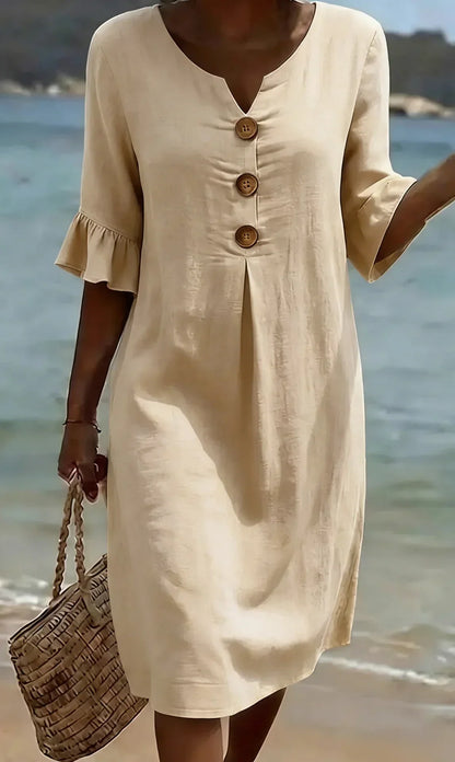 Vanesa | Robe en lin avec texture, manches bouffantes et boutons