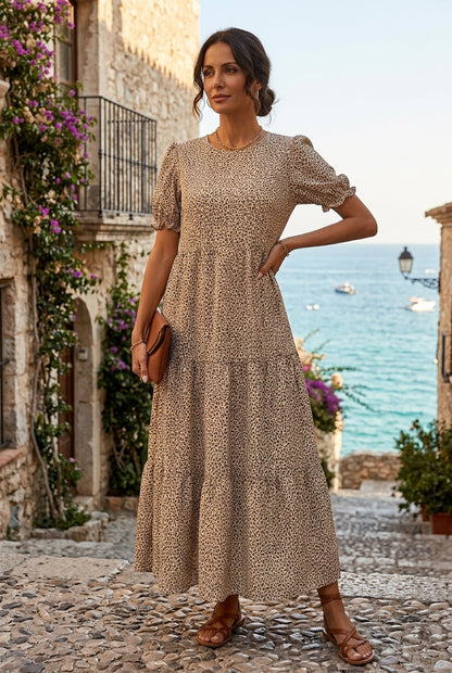 Robe Longue Femme - Col Ronde avec Détails Froncés Élégants