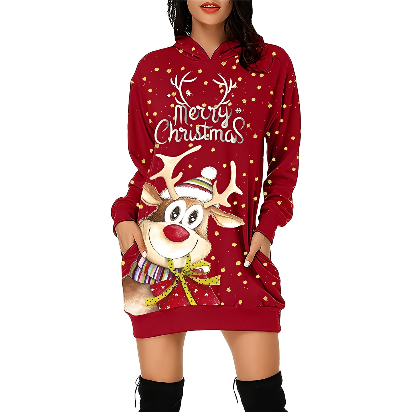 Georgia - Robe de Noël élégante imprimée avec capuche pour femme