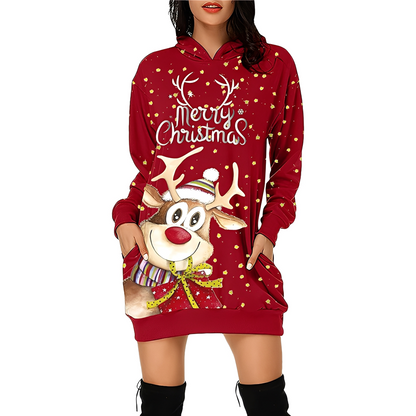 Georgia - Robe de Noël élégante imprimée avec capuche pour femme