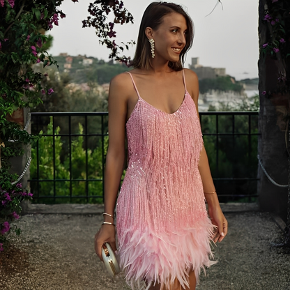 Monique - Robe élégante avec franges en plumes pour femmes