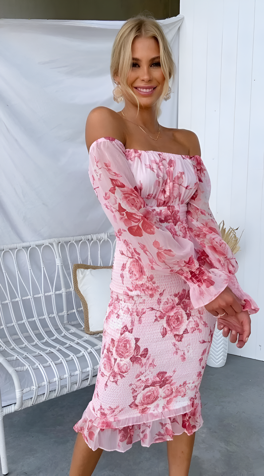 Nadia - Robe Midi Fleurie avec Épaules Dégagées et Taille Froncée