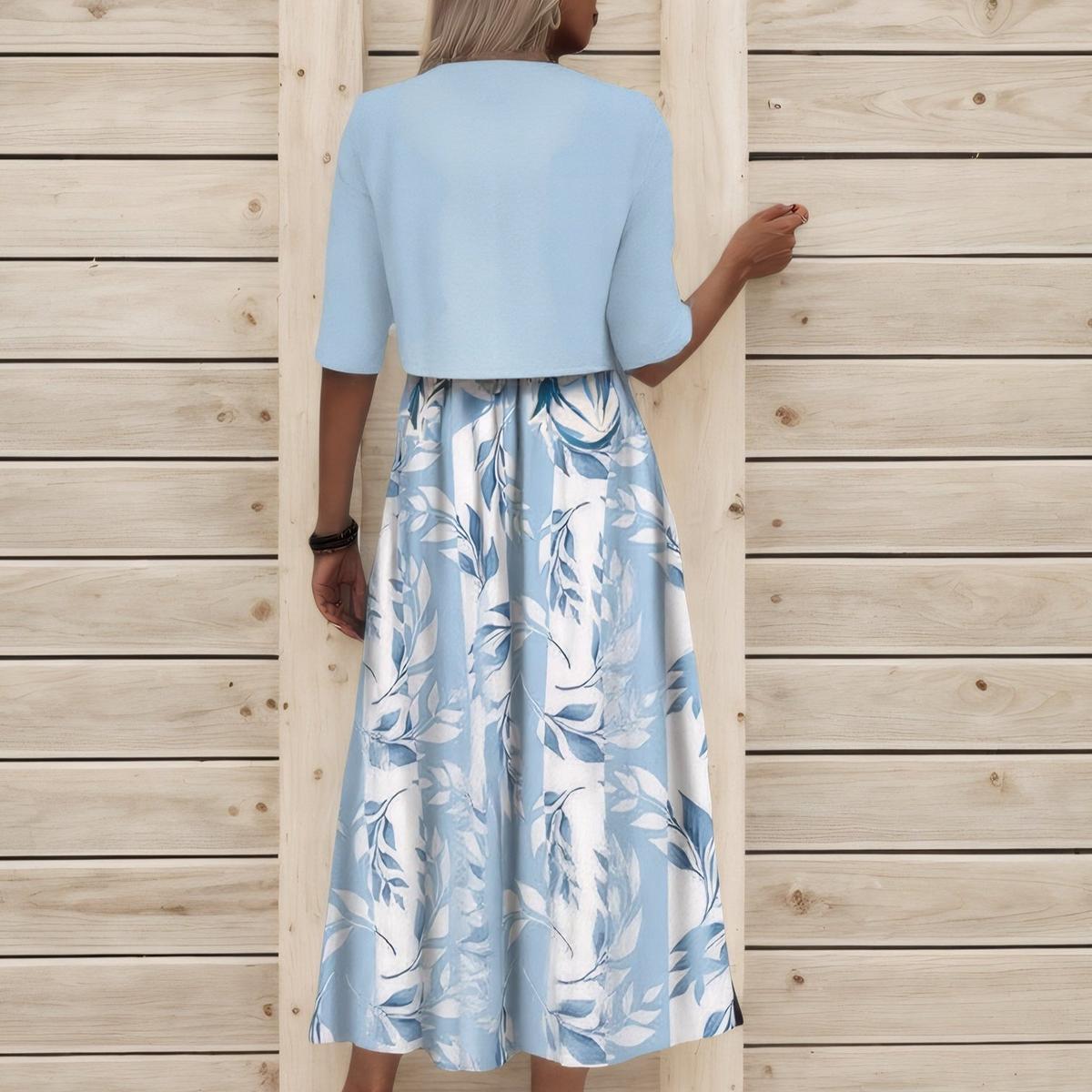Robe Midi Unique avec Imprimé de Plantes Bleues et Veste