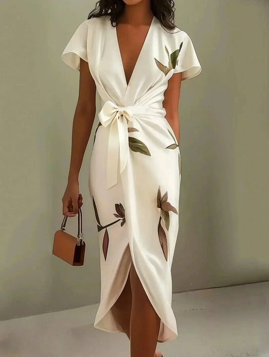 Robe ajustée Florence en satin avec manches courtes et motif de feuilles blanches