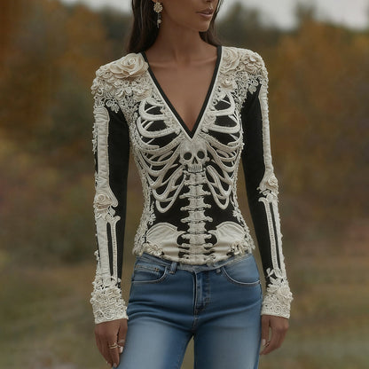 T-shirt décontracté à manches longues pour femmes avec art de squelette, roses et crâne, col en V pour Halloween