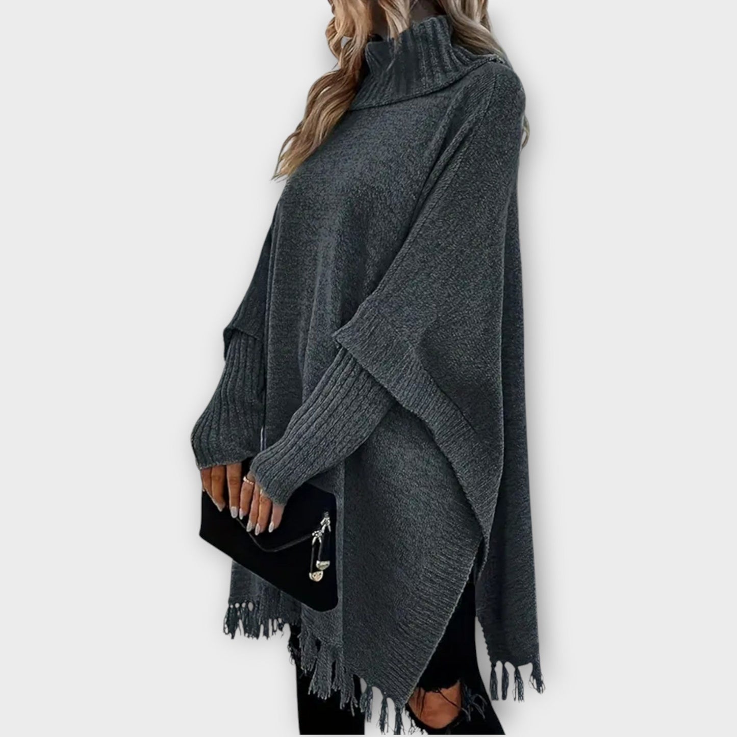 Poncho Pull Oversized avec Col Montant et Franges