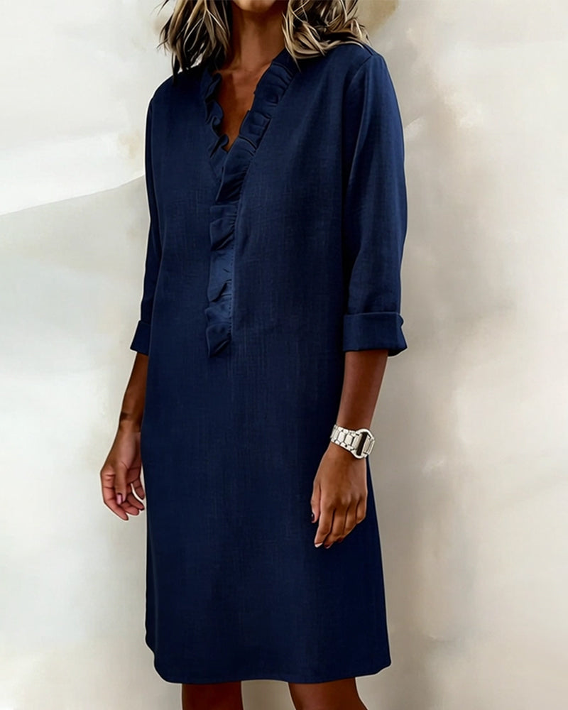 Robe Unie à Volants avec Col en V