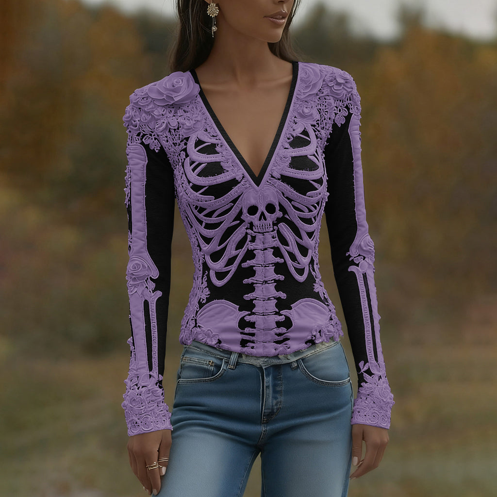 T-shirt décontracté à manches longues pour femmes avec art de squelette, roses et crâne, col en V pour Halloween
