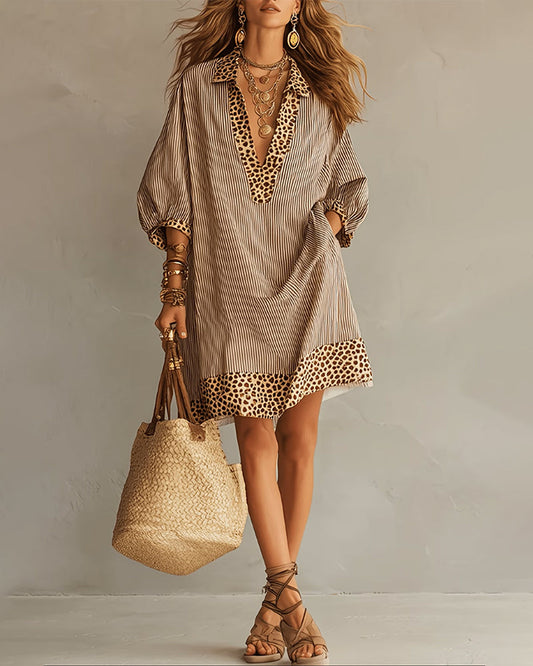 Robe Léopard à Manches Bouffantes avec Rayures