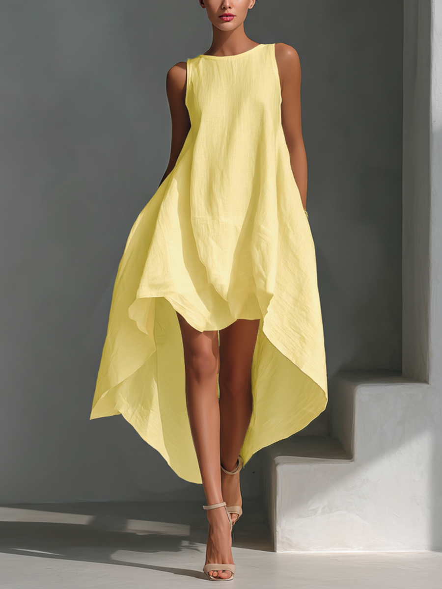 Robe Midi Sans Manches en Lin Blanc pour Femme avec Col Ronde et Ourlet Asymétrique