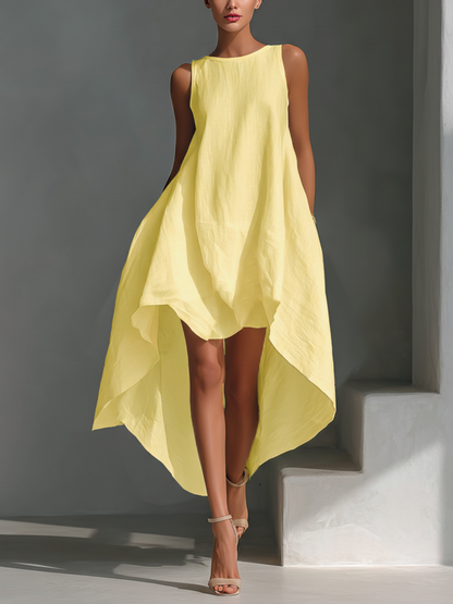 Robe Midi Sans Manches en Lin Blanc pour Femme avec Col Ronde et Ourlet Asymétrique