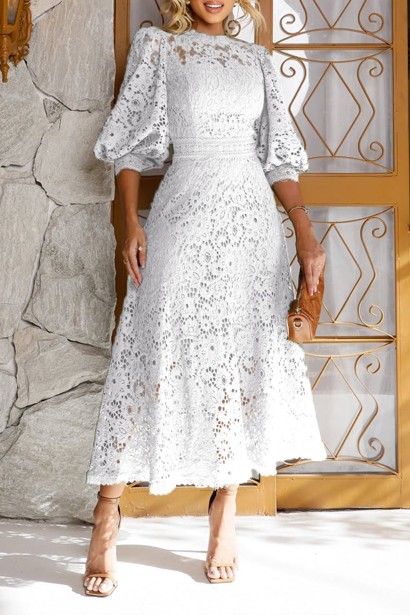 Robe Midi en Dentelle avec Manches Lanternes