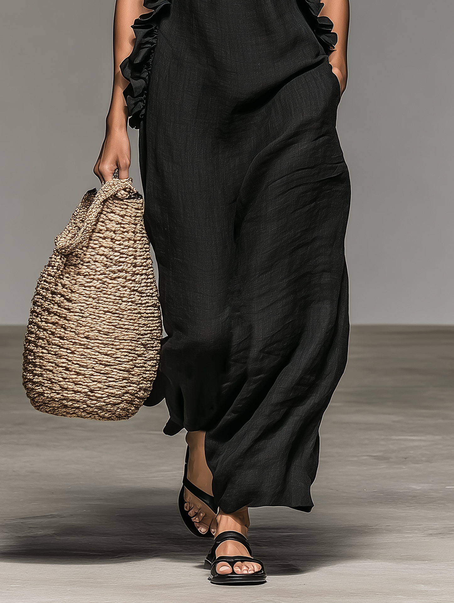 Robe Maxi Sans Manches en Mélange de Lin Minimaliste pour Femme avec Détails Volants