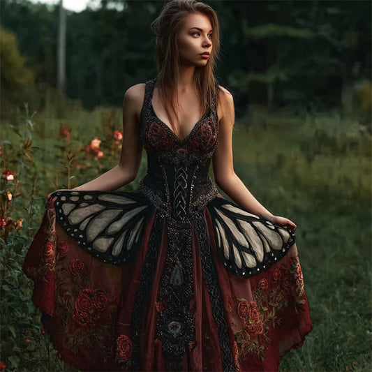 Robe Vintage de Papillon Mystique et Roses avec Paillettes, Jupe Flottante Large
