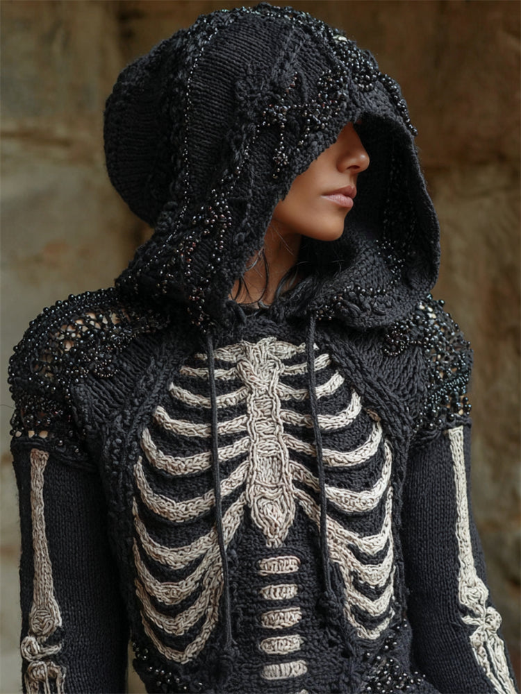 Pull Vintage Gothique avec Capuche et Perles