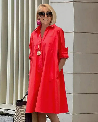 Vireya - Robe Midi avec Col de Chemise et Poches