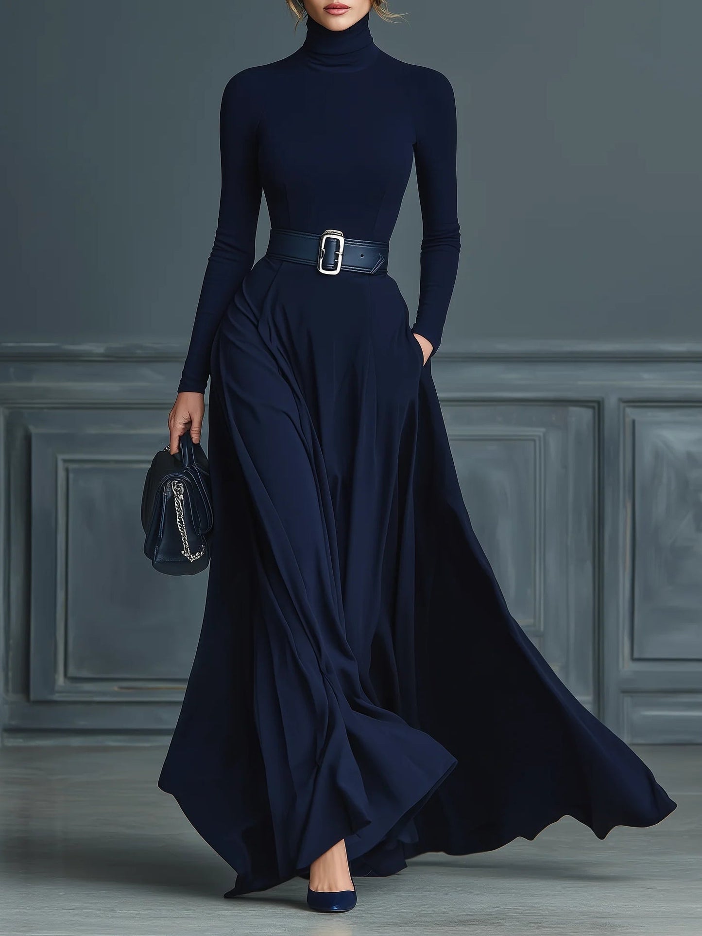 Eleonora - Robe en tricot bleu foncé avec col montant