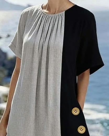 Robe longue décontractée à col rond et couleur contrastée