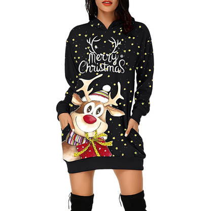Georgia - Robe de Noël élégante imprimée avec capuche pour femme