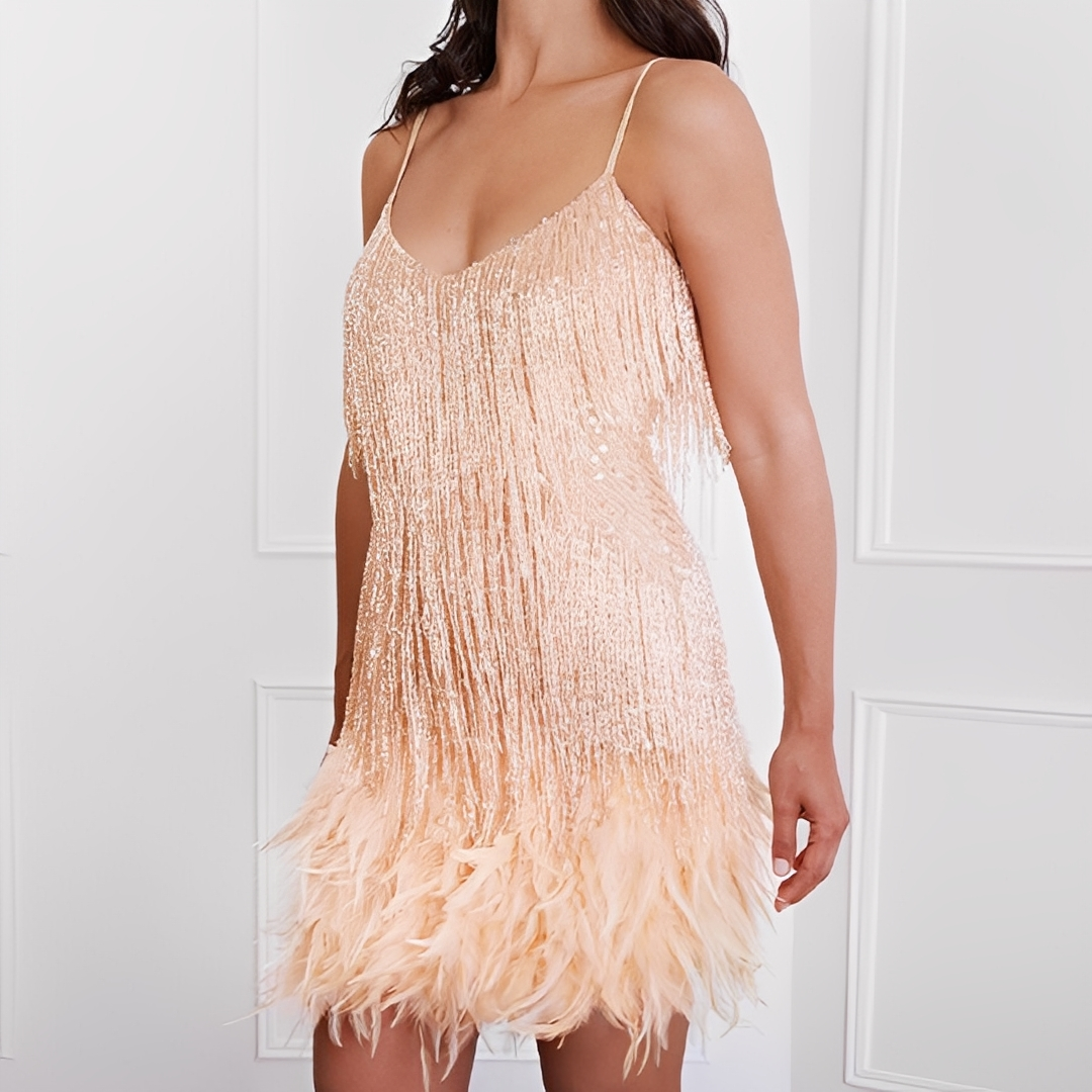 Monique - Robe élégante avec franges en plumes pour femmes