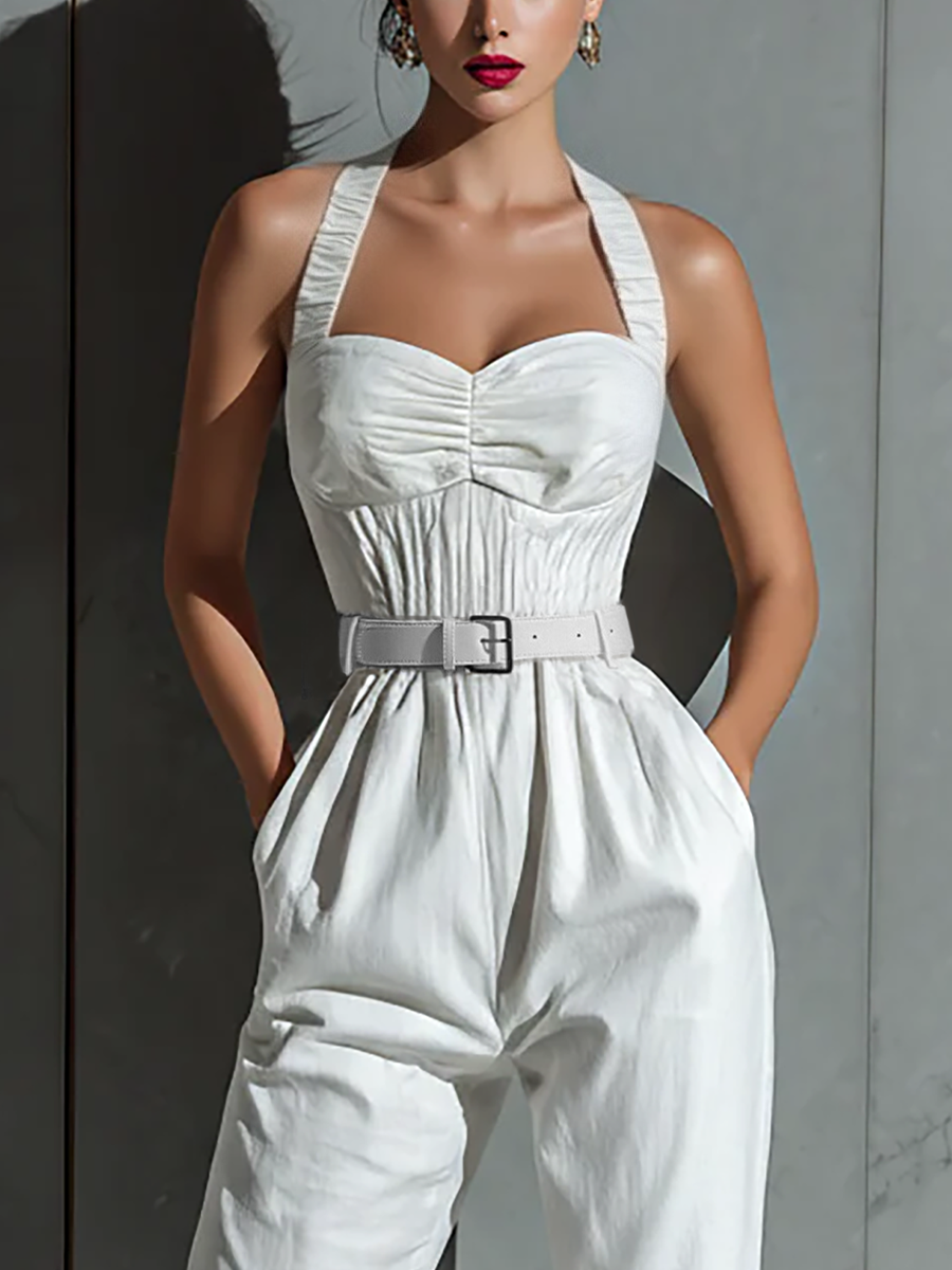 Salopette Ample En Coton Et Lin Couleur Ivoire Avec Taille Fine Pour Femme