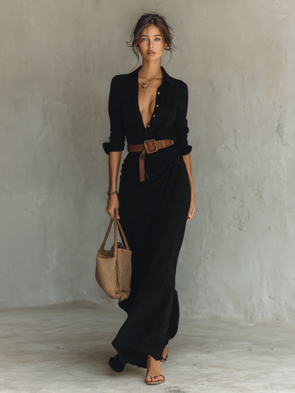 Robe Maxi Élégante avec Revers et Manches Longues pour Femme