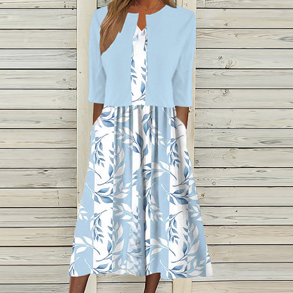 Robe Midi Unique avec Imprimé de Plantes Bleues et Veste