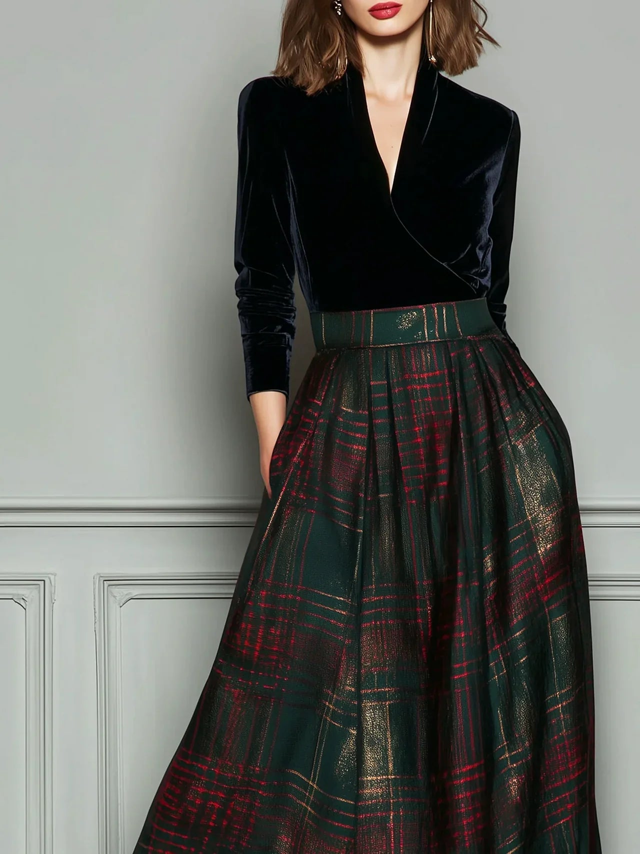 Robe Maxi Patchwork en Velours et Tartan Vert