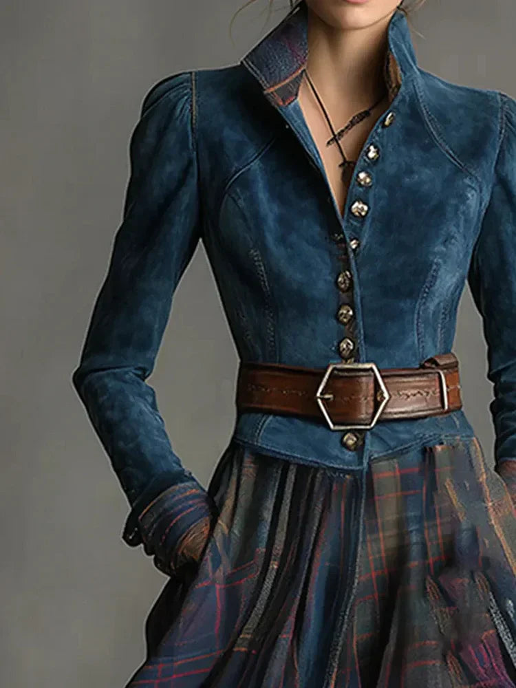 Maxi-robe de style rétro avec motif à carreaux en daim bleu (ceinture incluse)