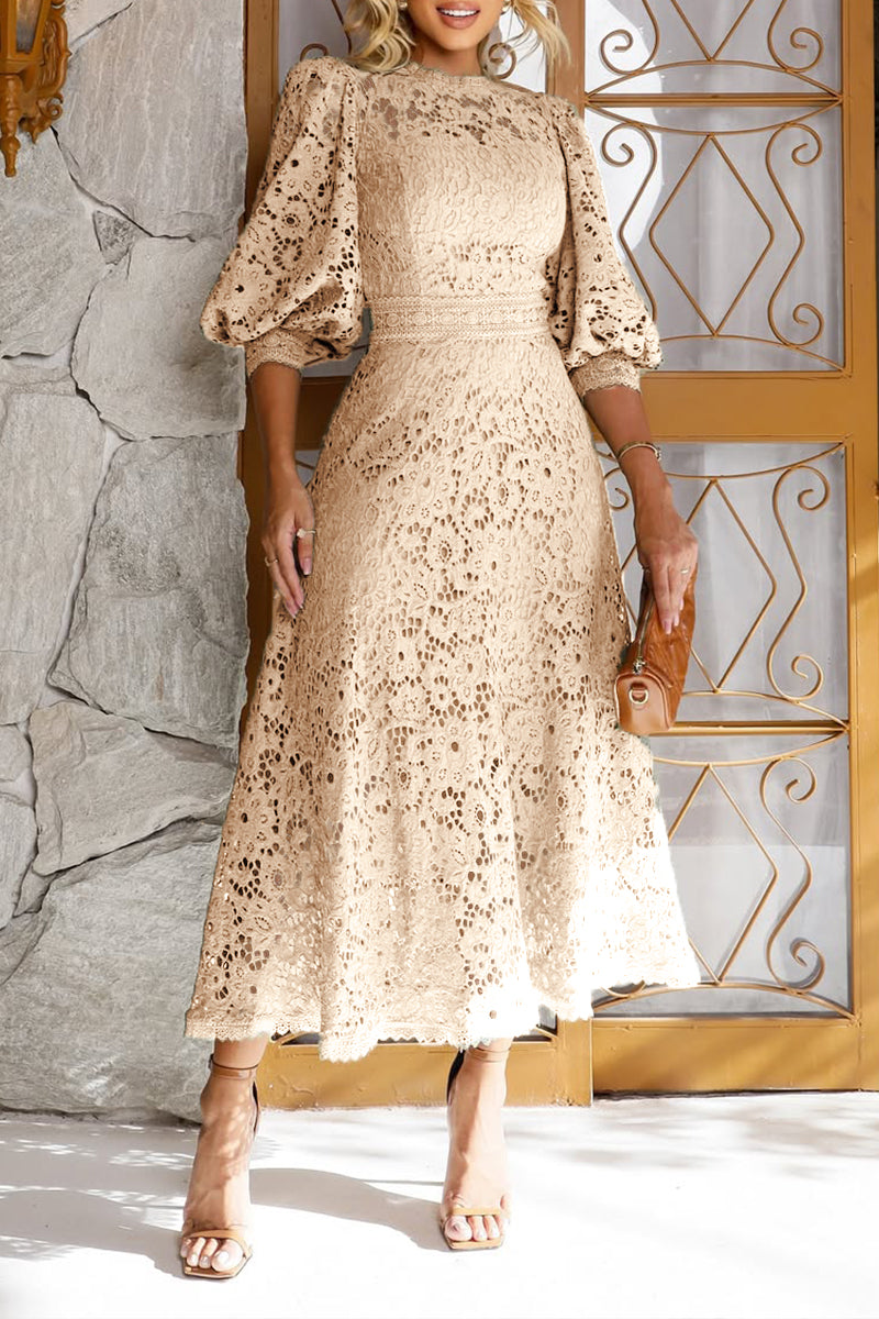 Robe Midi en Dentelle avec Manches Lanternes