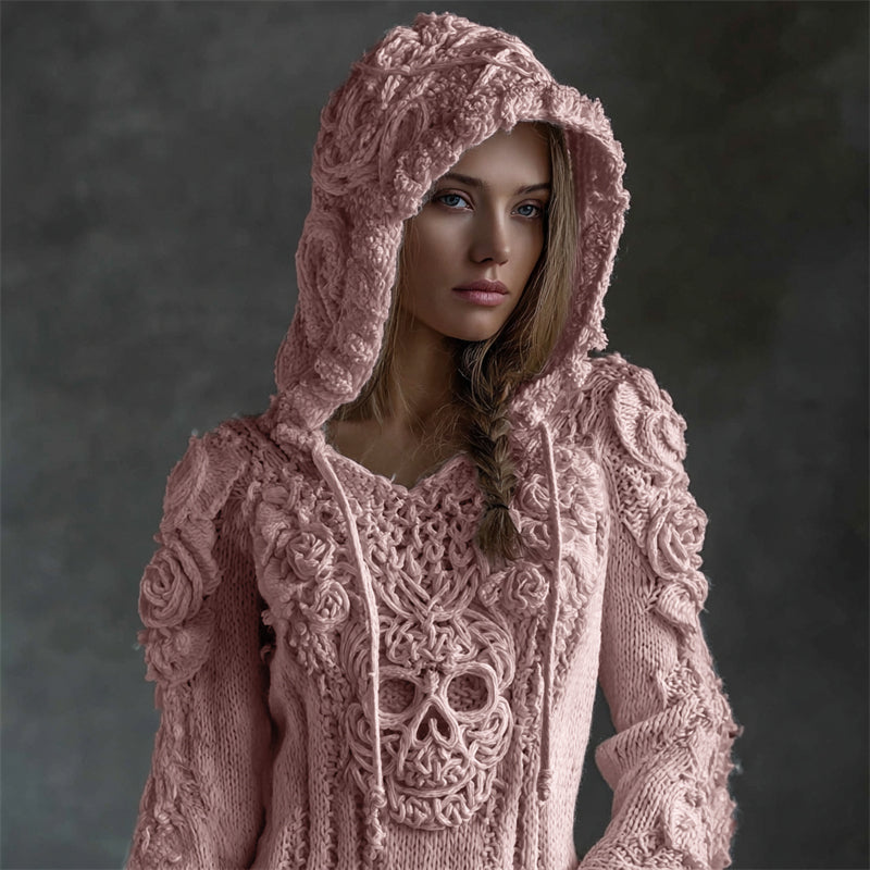 Pull Confortable en Tricot avec Capuche Tête de Mort Celte Viking Vintage avec Roses Blanches
