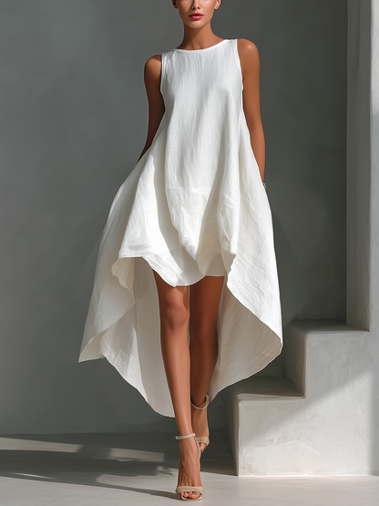 Robe Midi Sans Manches en Lin Blanc pour Femme avec Col Ronde et Ourlet Asymétrique