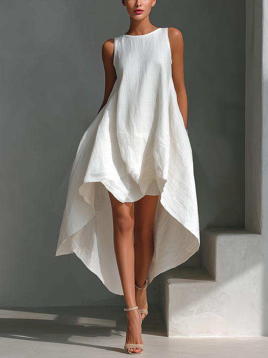 Robe Midi Sans Manches en Lin Blanc pour Femme avec Col Ronde et Ourlet Asymétrique