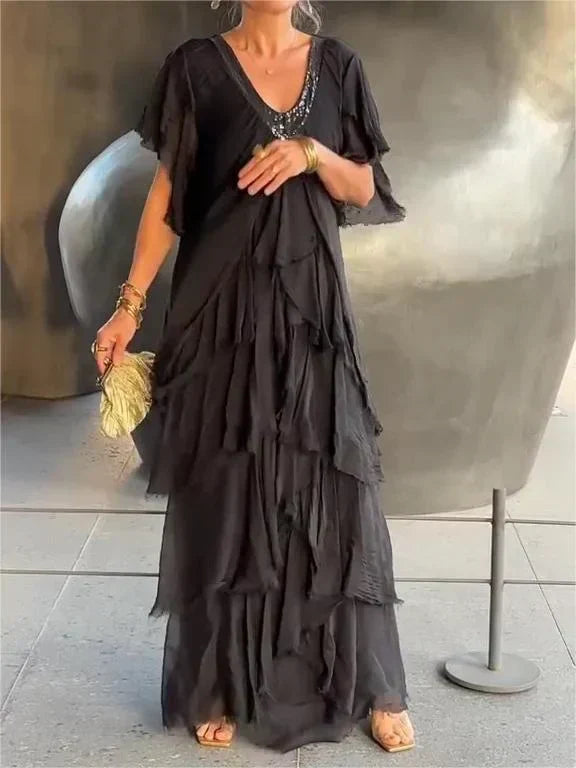 Robe Maxi Élégante Col V et Manches Froncées