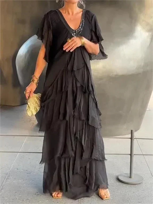 Robe Maxi Élégante Col V et Manches Froncées