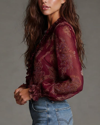 Blouse Rétro à Volants à Mi-Zip