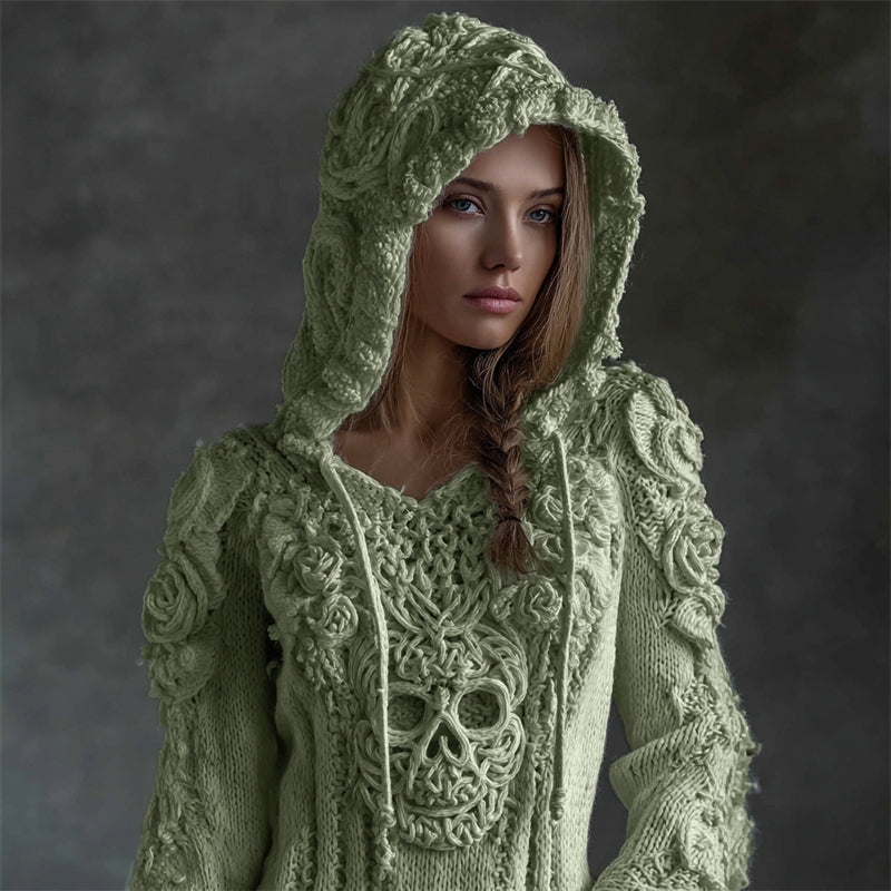 Pull Confortable en Tricot avec Capuche Tête de Mort Celte Viking Vintage avec Roses Blanches