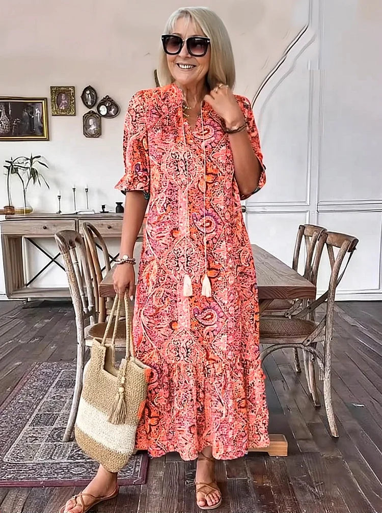 Carolette - Robe Maxi à Col avec Corde Boho