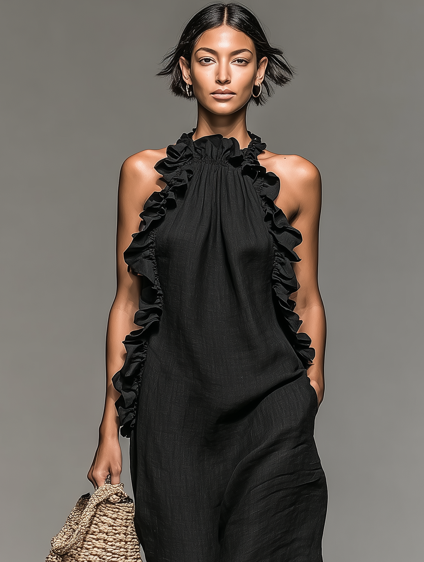 Robe Maxi Sans Manches en Mélange de Lin Minimaliste pour Femme avec Détails Volants