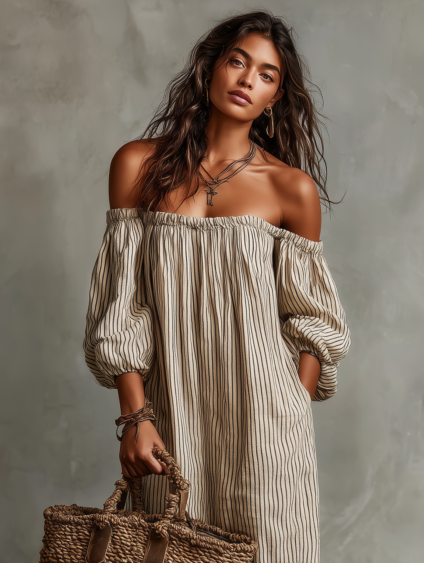 Robe Maxi en Coton-Lin Off-shoulder à Manches Longues pour Femmes