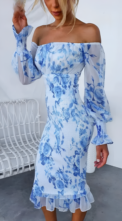 Nadia - Robe Midi Fleurie avec Épaules Dégagées et Taille Froncée