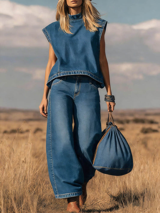 Noa | Ensemble en Denim à Col Montant