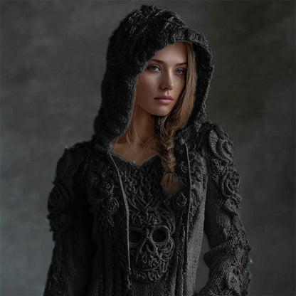 Pull Confortable en Tricot avec Capuche Tête de Mort Celte Viking Vintage avec Roses Blanches